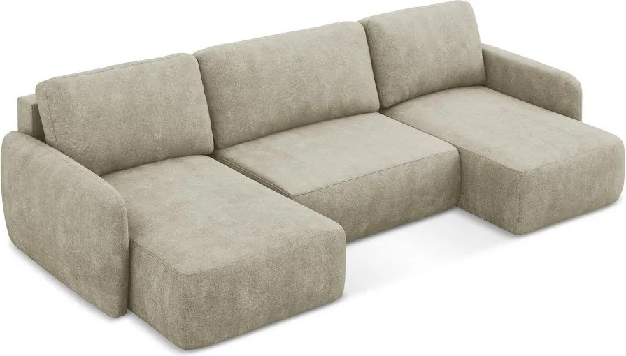 Divano angolare beige allungabile/con contenitore (a U) con rivestimento in ciniglia Lilo – Makamii