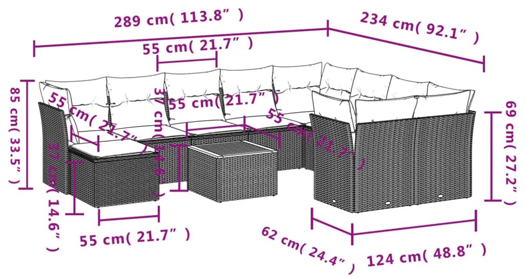 Set Divani da Giardino 11 pz con Cuscini in Polyrattan Nero