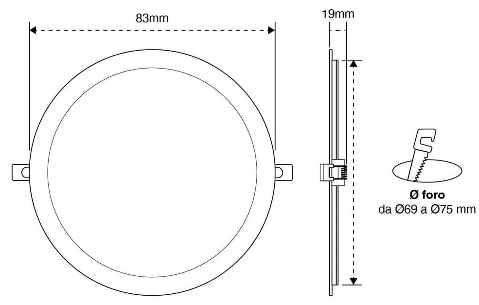 Pannello LED Rotondo 5W 500lm Foro Ø70-75mm Osram chip LED Colore Bianco Caldo 3.000K