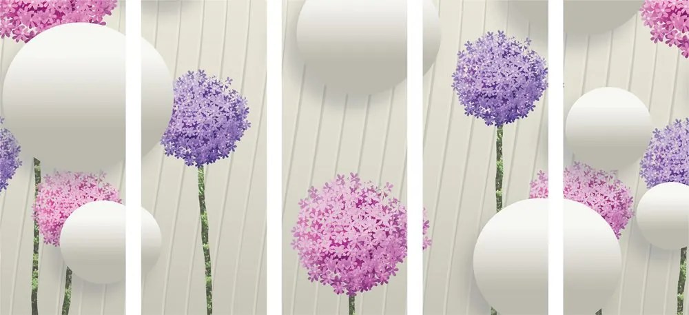Quadri 5 pezzi – Fiori interessanti con elementi e motivi astratti