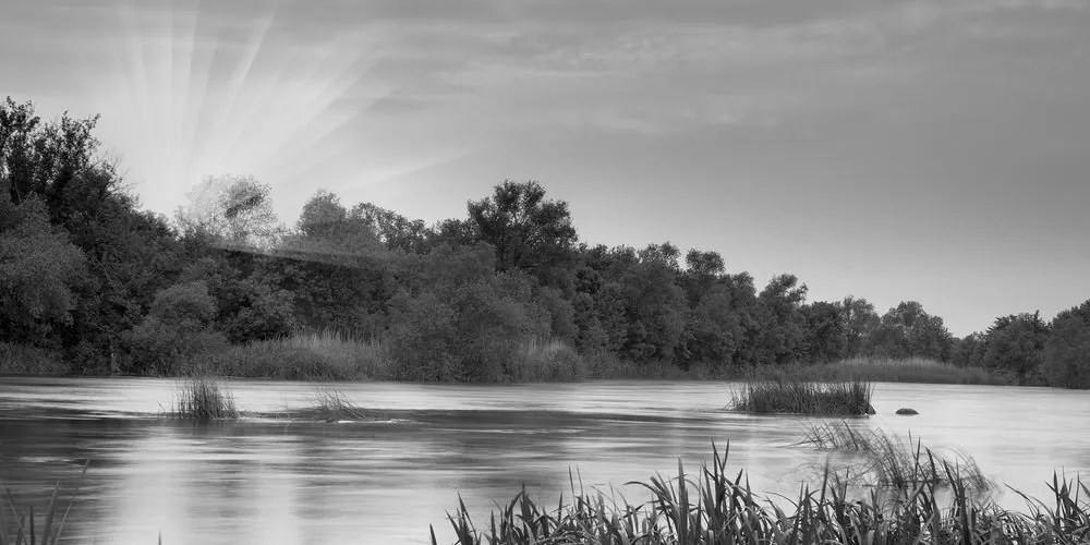 Quadro su tela – Alba sul fiume in bianco e nero