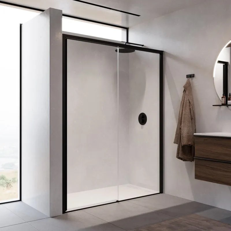 Porta doccia H 200cm, Sp. 8 mm in vetro vetro senza finitura / trasparente profilo nero