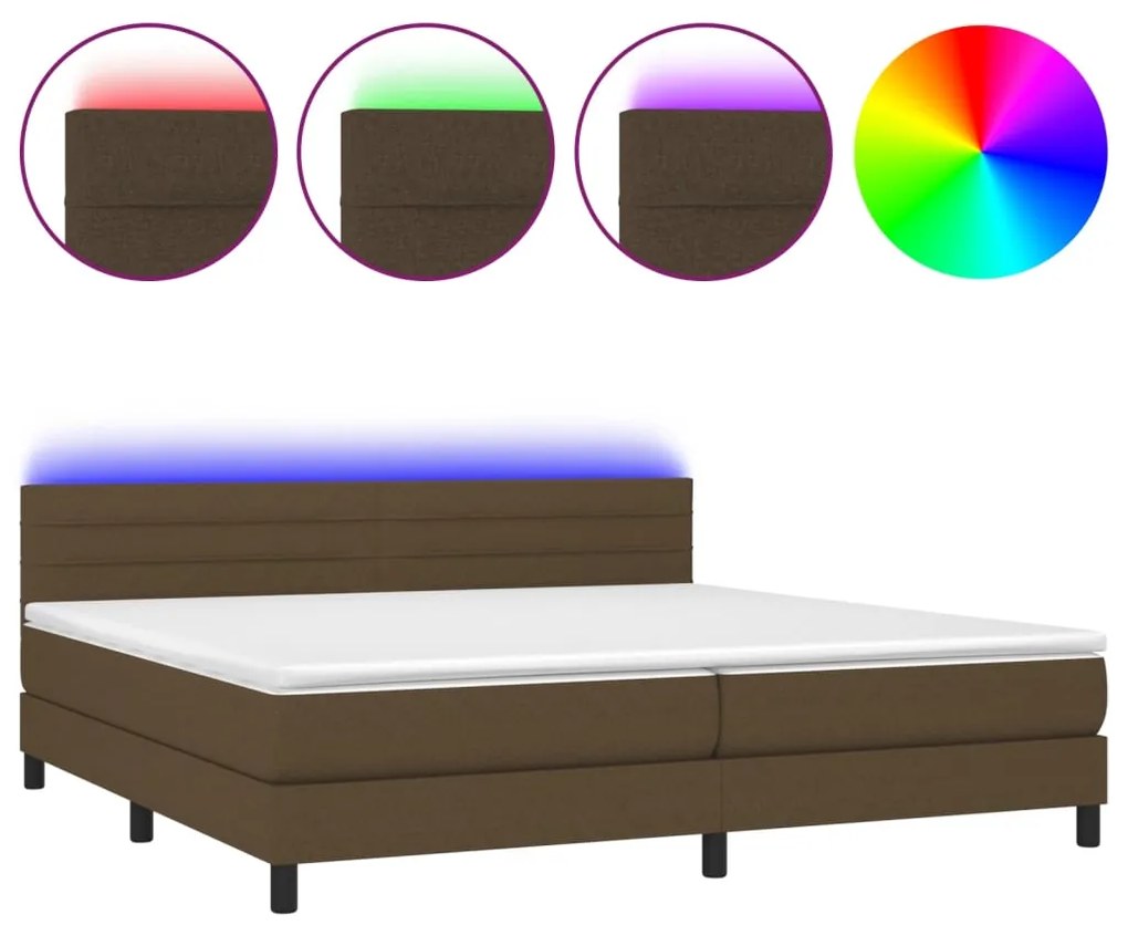 Letto a molle materasso e led marronescuro 200x200cm in tessuto