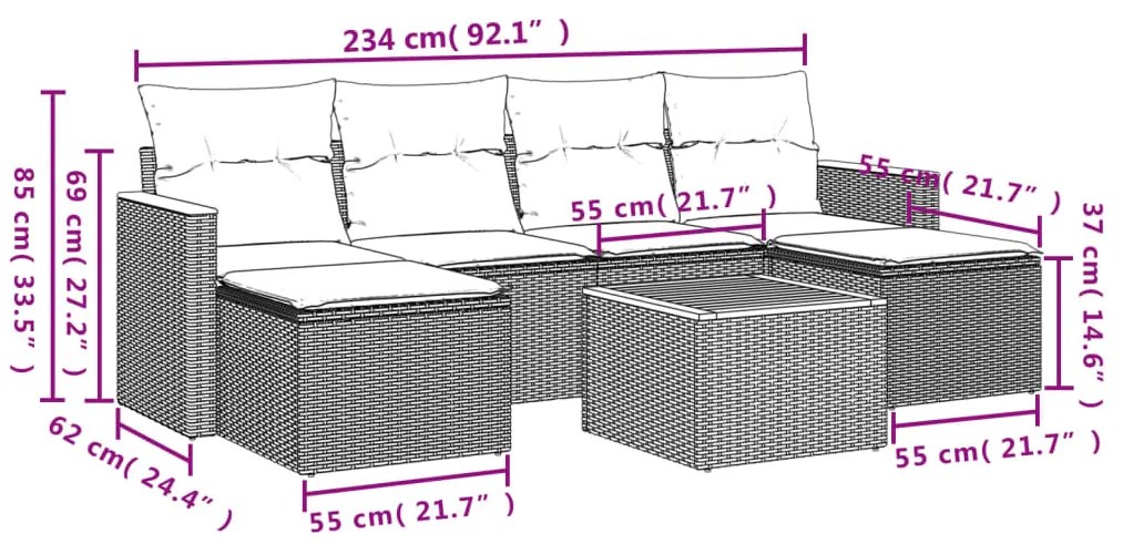 Set divani da giardino con cuscini 7pz nero polyrattan