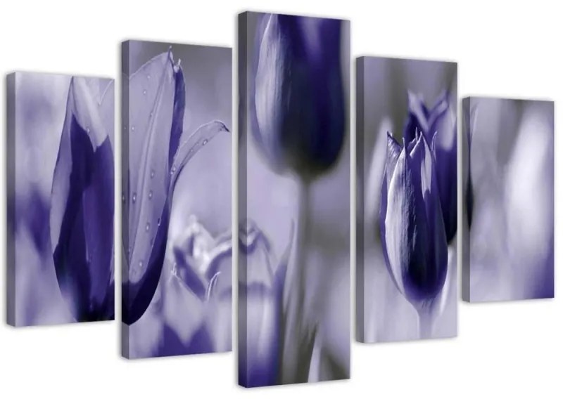 Quadro su tela 5 pannelli Fiori di tulipano viola  Dimensioni 150x100