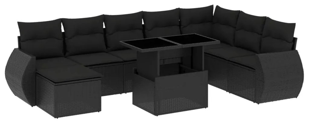 Set divani da giardino 9 pz con cuscini nero in polyrattan