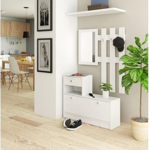 Mobile Ingresso 90 Cm Con Scarpiera Appendiabiti E Specchio Bianco Opaco Ralph