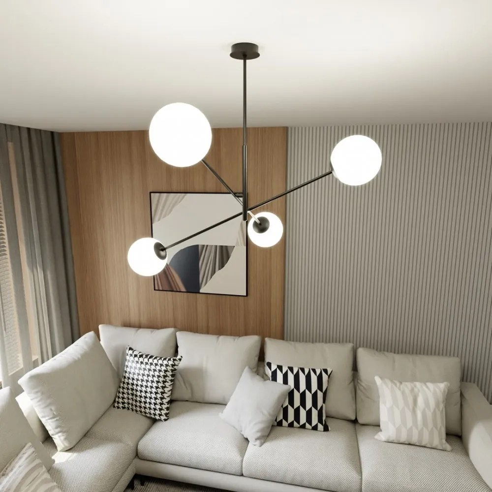 Lampadario a Sospensione in Acciaio e Vetro LINEAR 4 Nero 4xE14 Colore delle Sfere Bianco