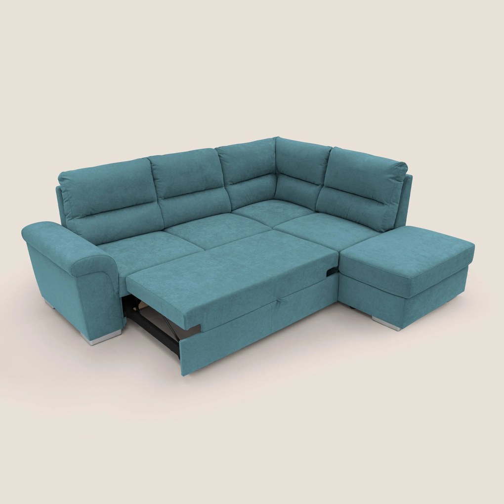 Minerva divano angolare con estraibile a cassettone e pouf contenitore in tessuto morbido impermeabile T02 azzurro