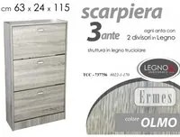 Scarpiera olmo tre ribalte con due divisori cm 63 x 24 x 115 h