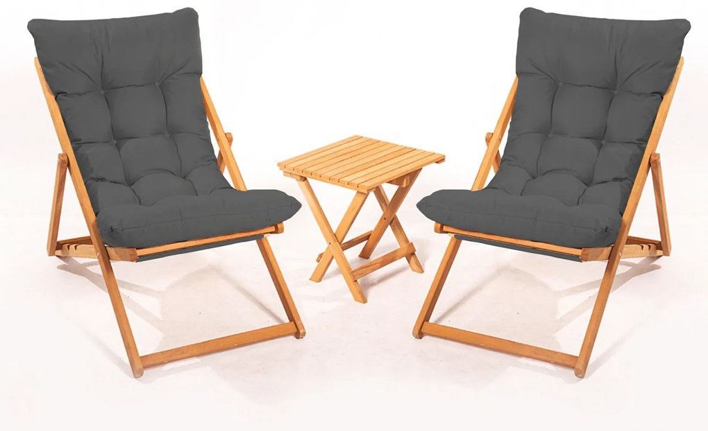 Set 2 sdraio legno cuscini grigi con tavolino