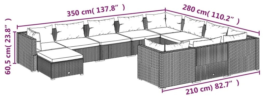 Set Divani da Giardino 11 pz con Cuscini in Polyrattan Nero