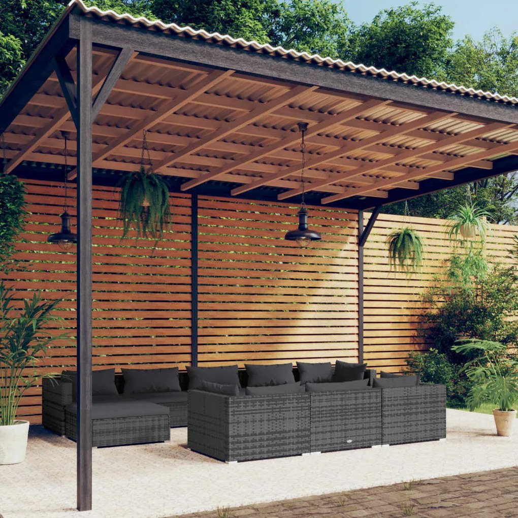 Set divani da giardino 10 pz con cuscini in polyrattan grigio