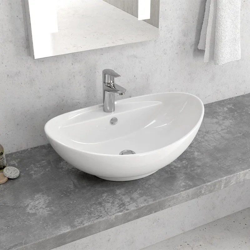 New Line O3 Lavabo ovale 59x39 Cm Da Appoggio con bordo rubinetteria In Porcellana Bianca