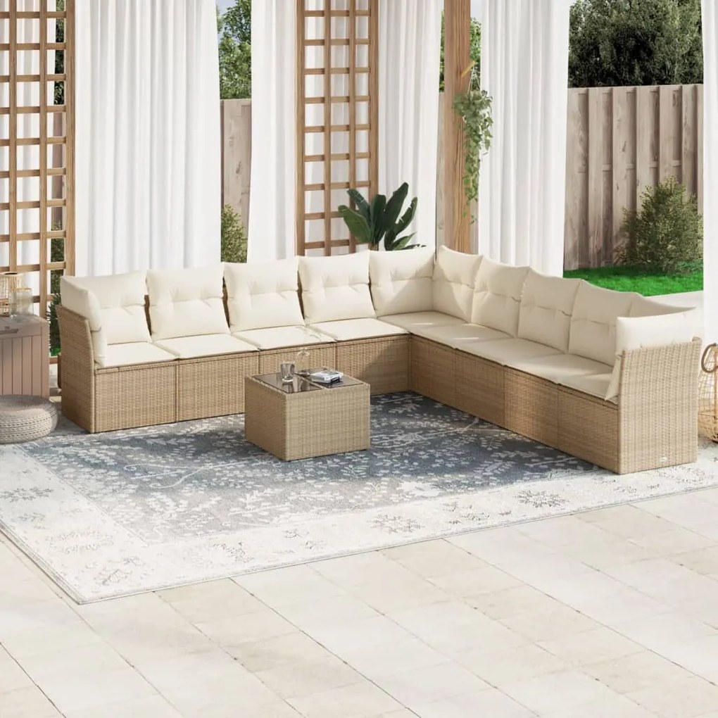 Set divano da giardino 10 pz con cuscini beige in polyrattan