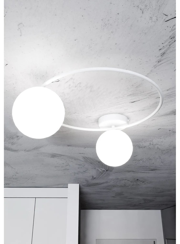 Plafoniera Minimal 2 Luci Perseo In Acciaio Bianco E Sfere In Vetro Bianco