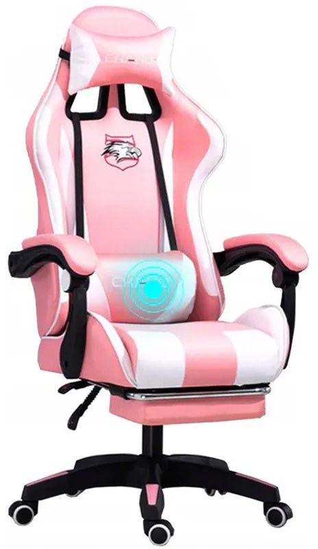 Comoda sedia da gaming con cuscino rosa e bianco