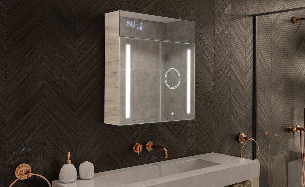 Mobile bagno con specchio LED illuminato - 66,5 x 72 cm con ripiani in vetro nel colore Rovere Oslo, in legno, di Artforma
