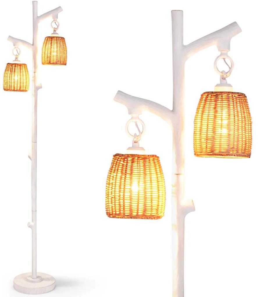 Costway Lampada da terra dimmerabile con paralume in vimini tubo a grano di legno, 2 Lampade a tronco d'albero Bianco