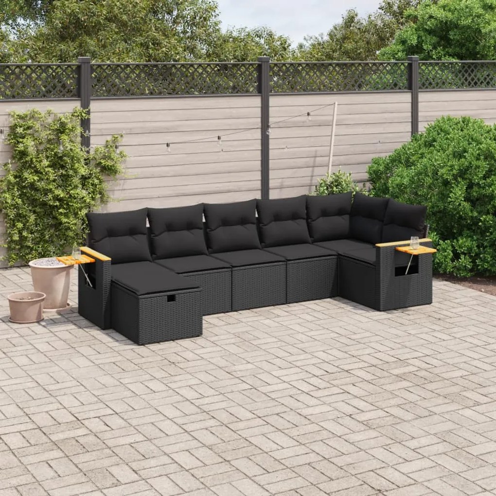 Set divani da giardino con cuscini 7pz nero polyrattan