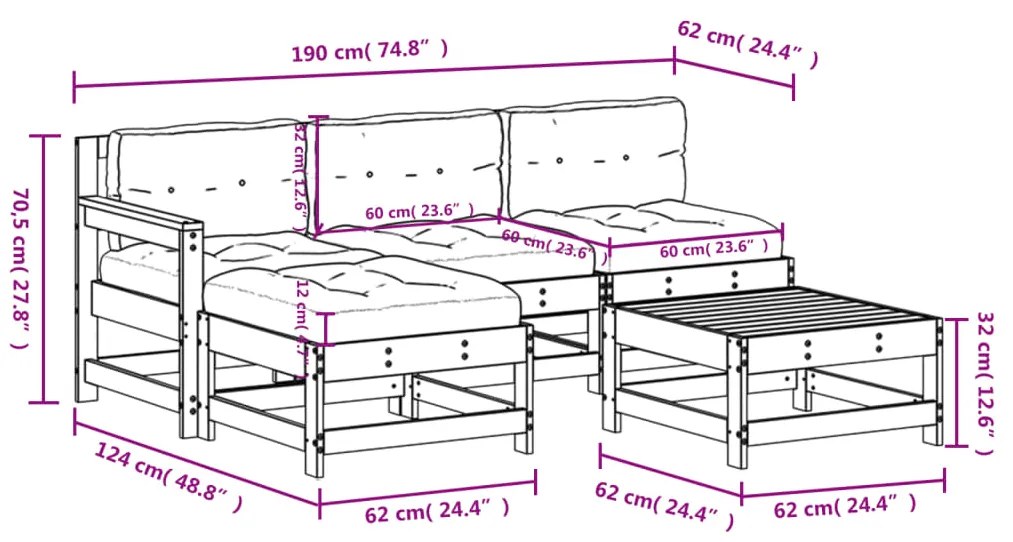 Set Divani da Giardino 5pz con Cuscini in Legno Massello Bianco