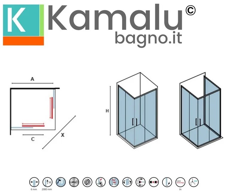 Kamalu - Box doccia 80x90cm angolare porte scorrevoli finitura cromo | KLA1000C