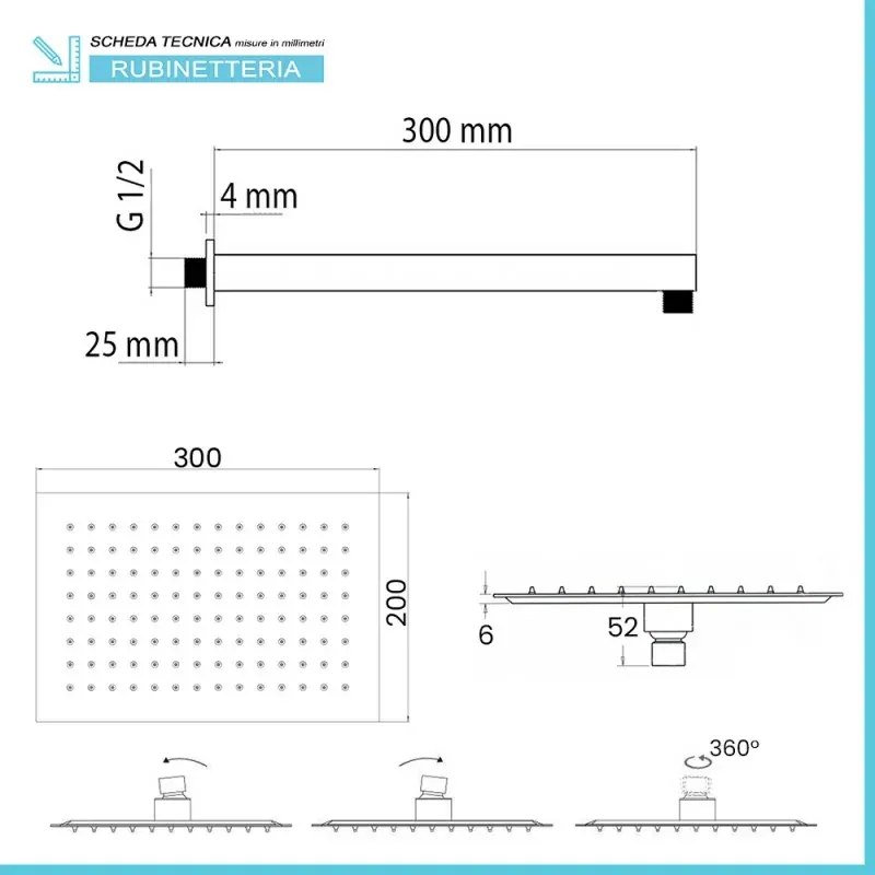 Kit doccia incasso con soffione 30x20 e set completo nero opaco Lotus