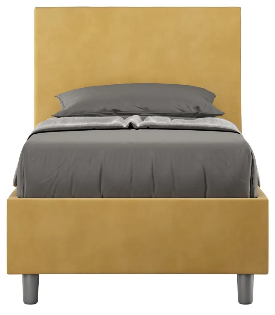 Letto singolo imbottito 80x210 microfibra Adele senza rete, con rete, contenitore, Ocra / Con rete
