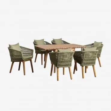 Set Tavolo Allungabile In Legno (90-150x90 Cm) Naele E 6 Sedie Da Giardino Barker Verde Bambù - Sklum