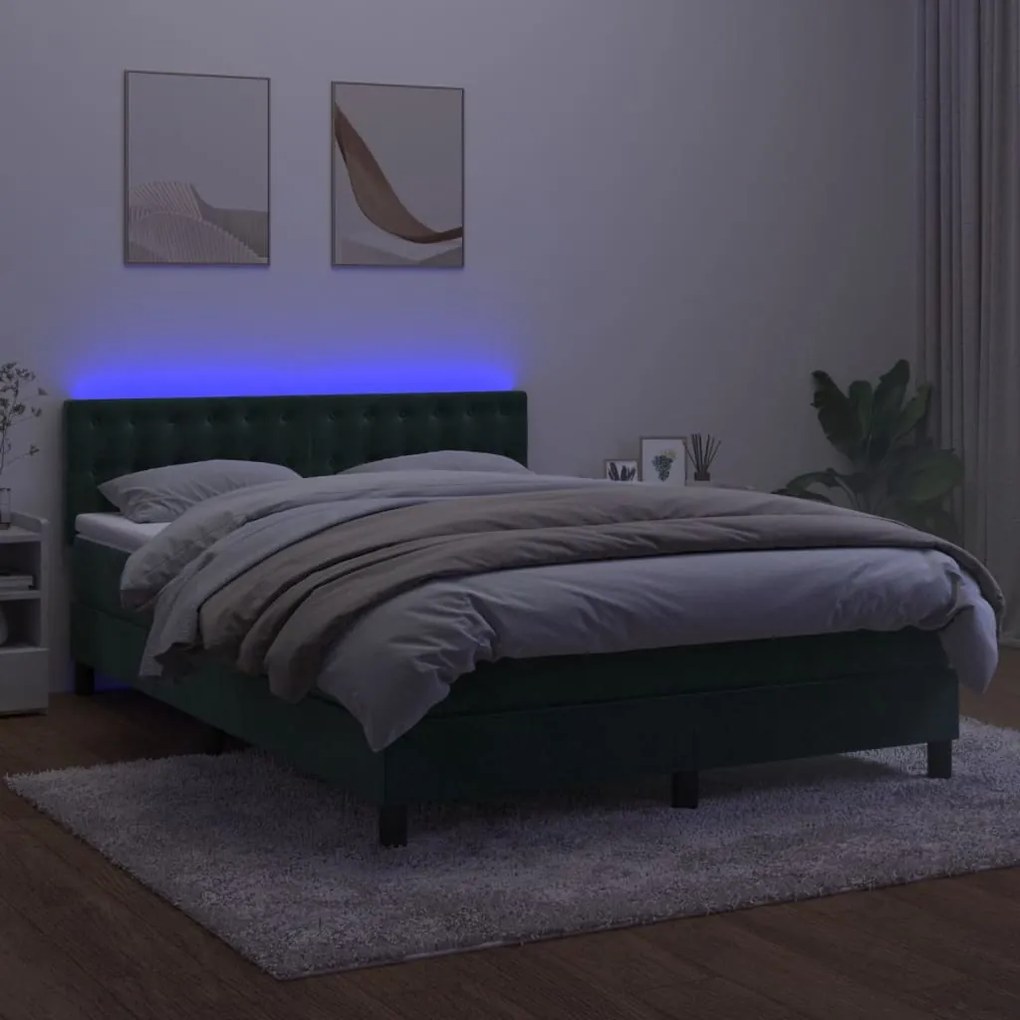 Letto a molle con materasso e led verde scuro 140x200cm velluto