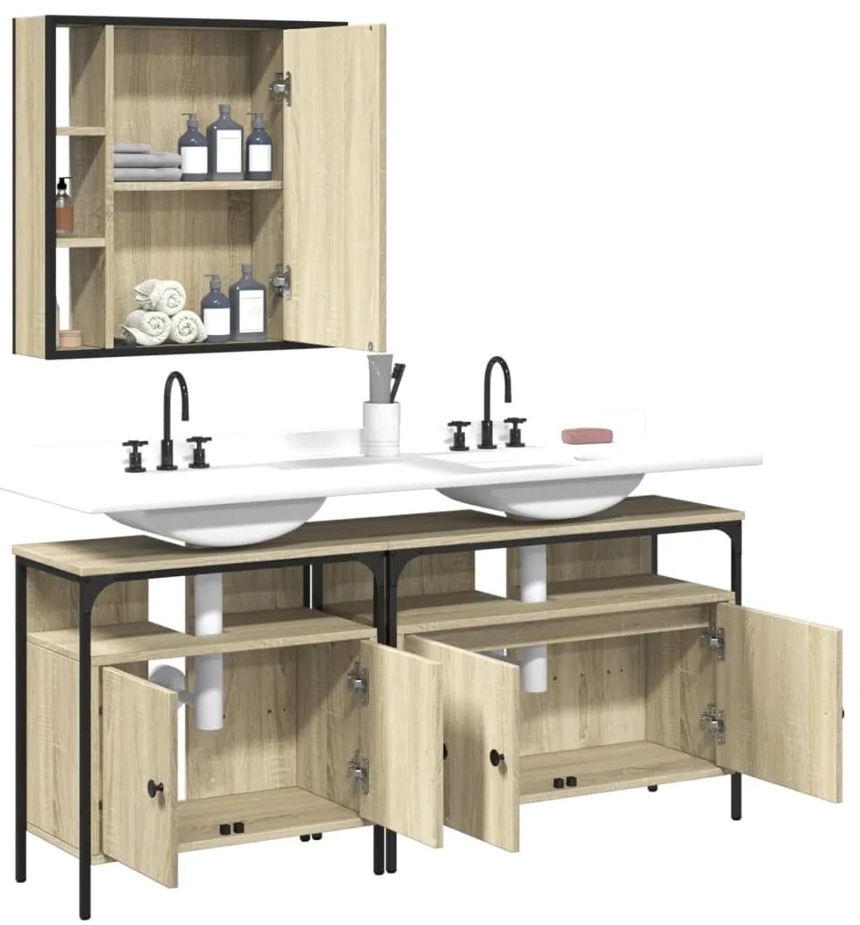 Set di mobili da bagno 3 pz rovere sonoma in legno multistrato