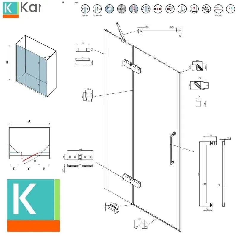 Kamalu - porta doccia battente 155 cm con 2 laterali fissi | kt6000