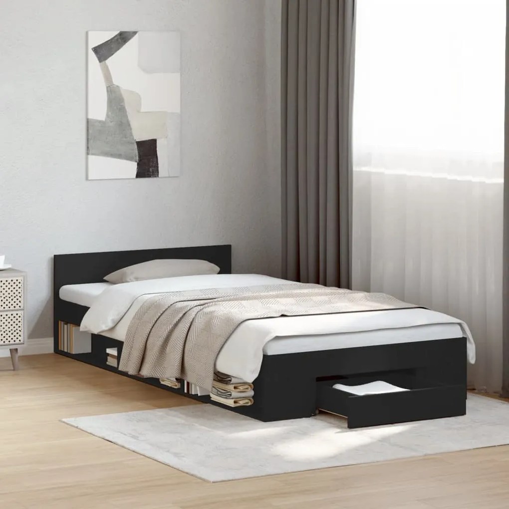 Giroletto con cassetto nero 90x190 cm in legno multistrato