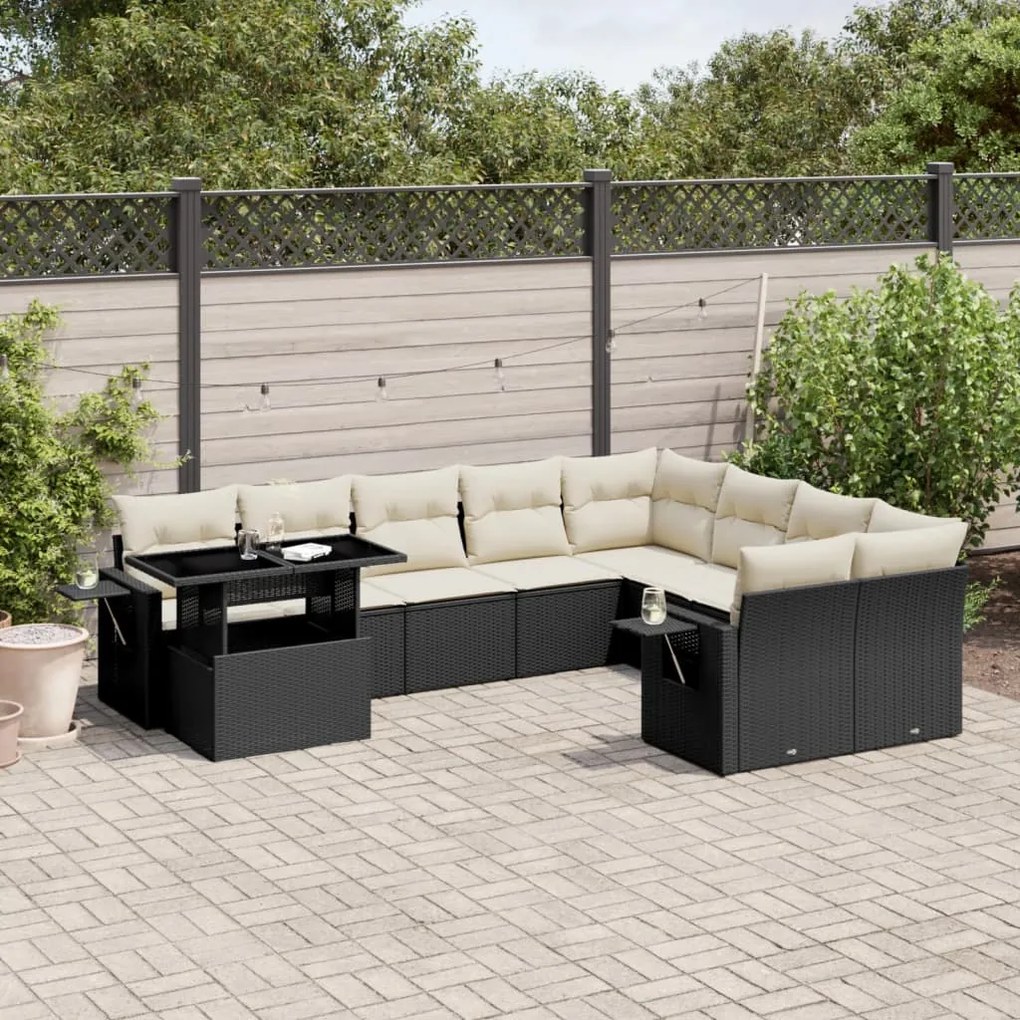 Set divani da giardino 10pz con cuscini in polyrattan nero