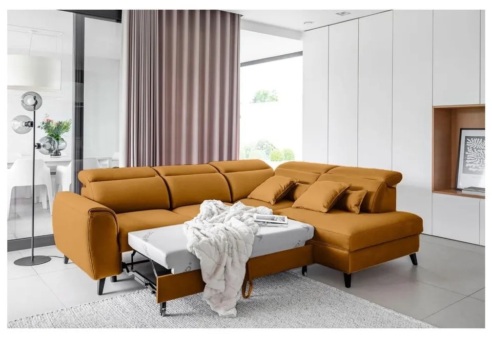 Divano angolare giallo allungabile/con contenitore (con penisola a destra/a L) e rivestimento in velluto Noble – ELTAP