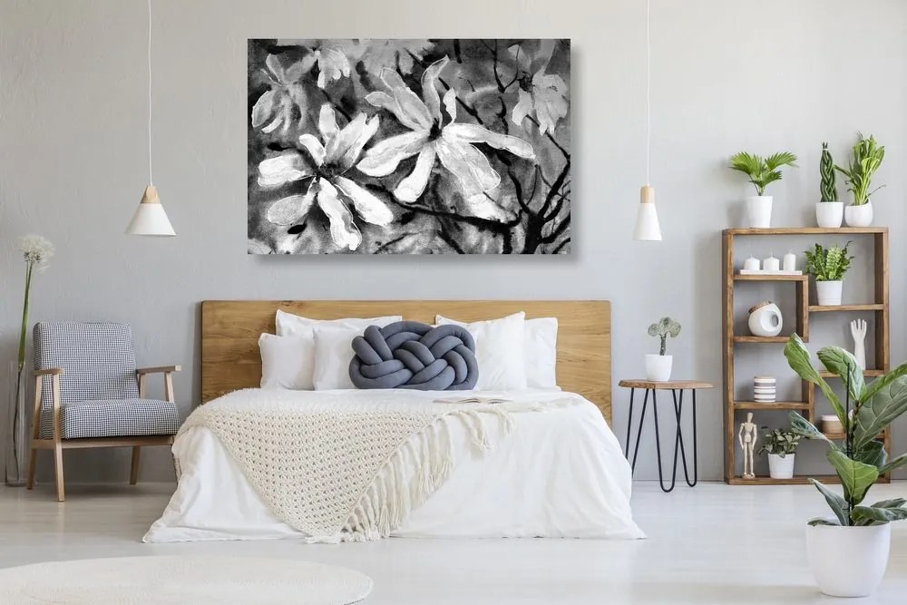 Stampa su tela – Albero acquerellato in fiore in bianco e nero
