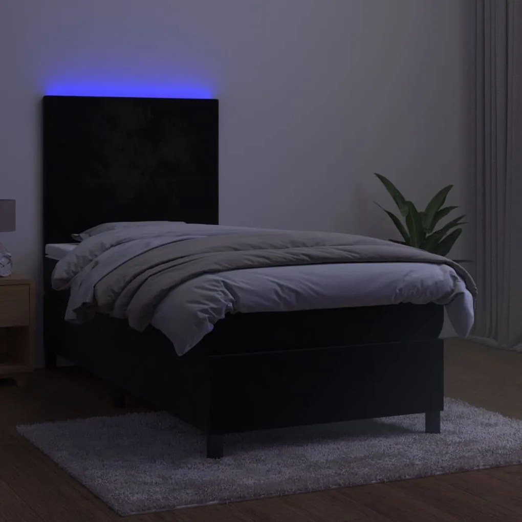 Letto a molle con materasso e led nero 90x200 cm in velluto