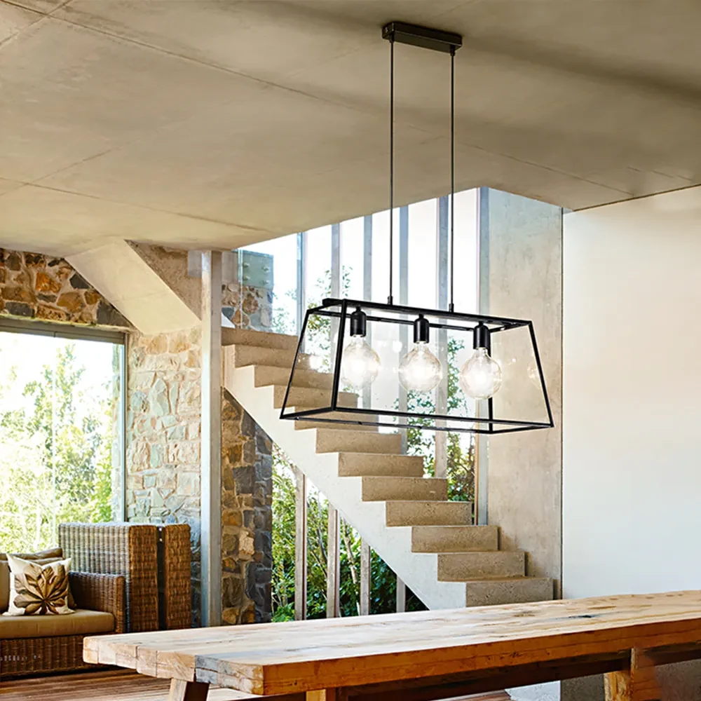 Lampadario In Metallo Industrial Teca Nero 3 Luci E27