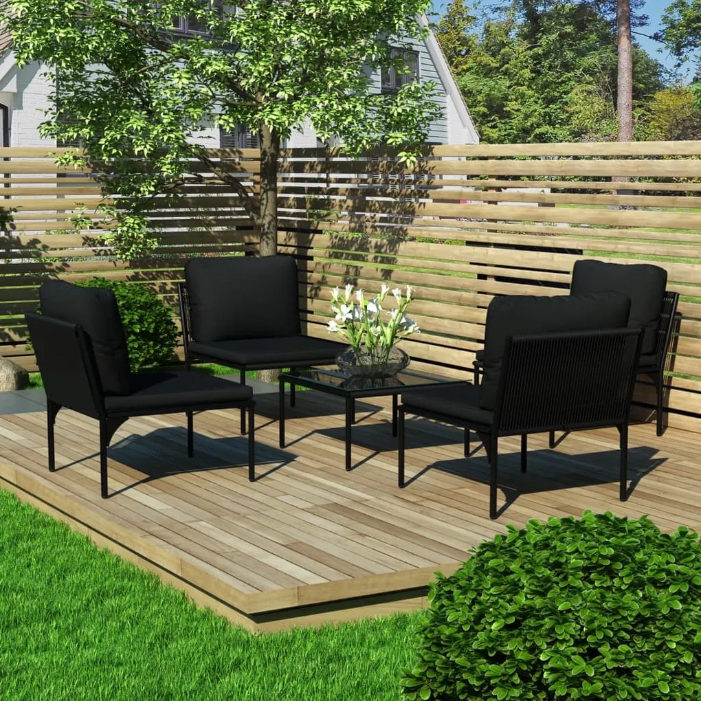 Set divani da giardino 5 pz con cuscini neri in pvc