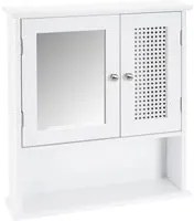 Mobile a Muro da Bagno Pensile con Griglia e Specchio Legno Bianco 56x13x58H cm