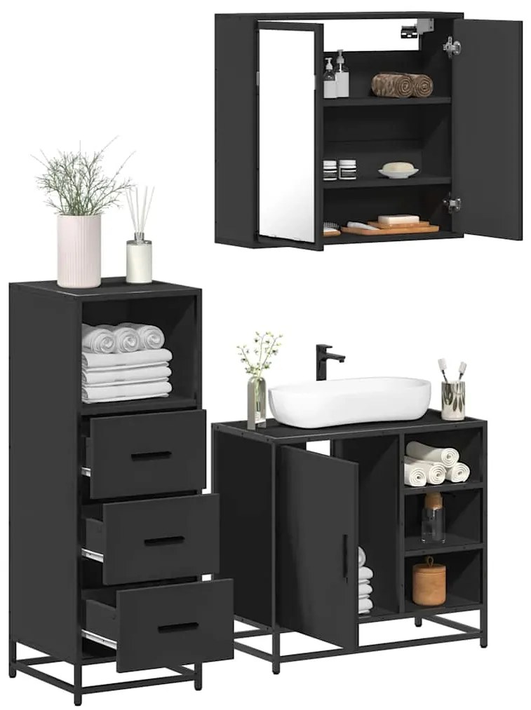 Set Mobili Da Bagno 3 Pz Nero İn Legno Multistrato /