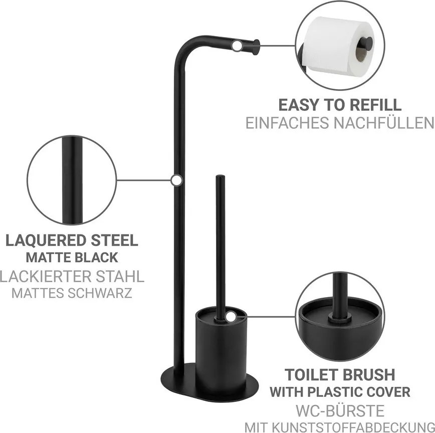 Porta carta igienica nero in acciaio con supporto con spazzola Levante – Wenko