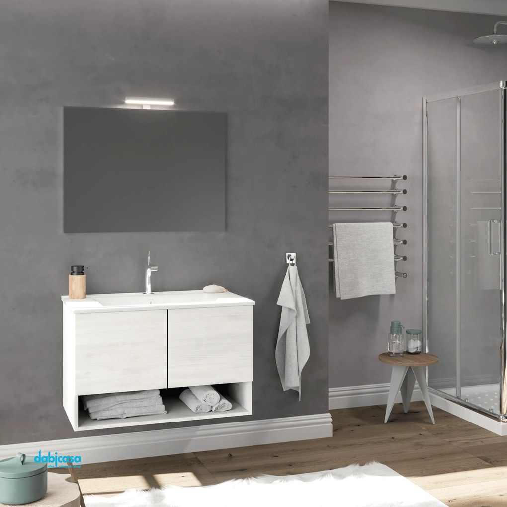 Mobile Bagno Sospeso "Oslo" Da 80 Cm Con Due Ante Ed Un Vano a Giorno Lavabo Specchio E Lampada Led In Finitura Rovere Bianco