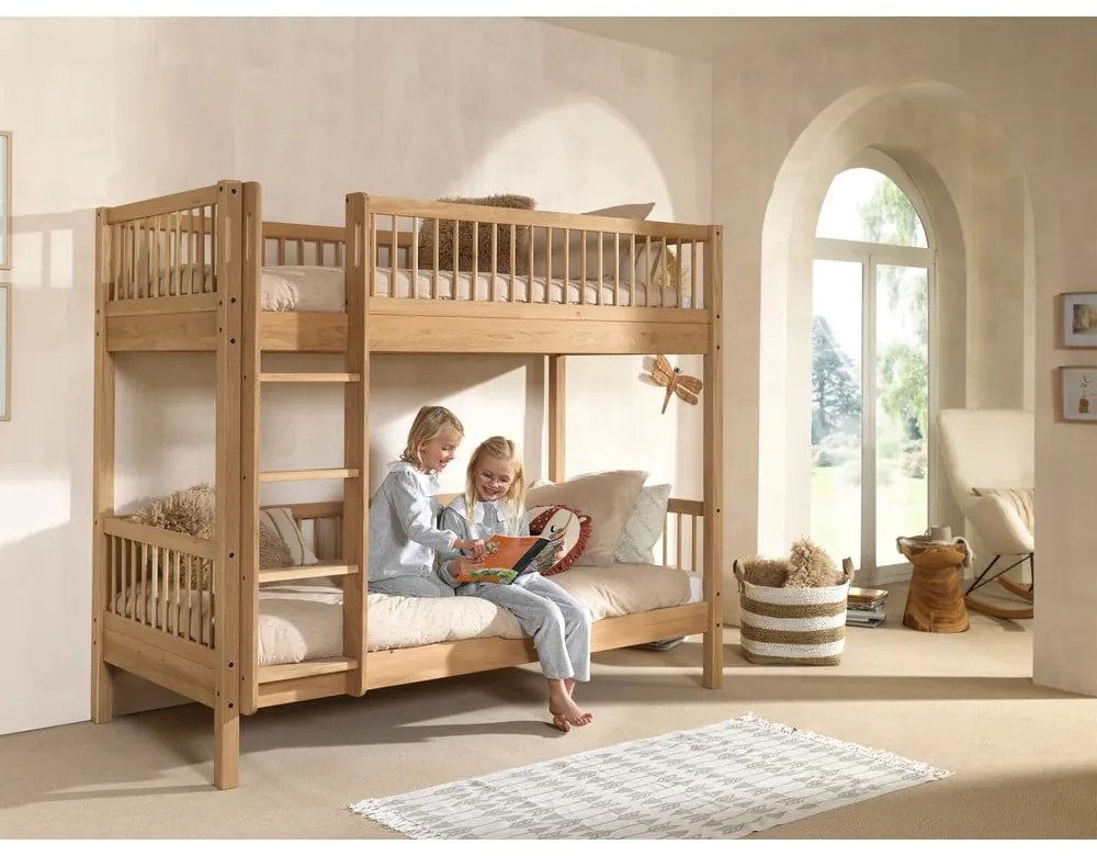 Letto da bambini a castello/estraibile di colore naturale in rovere massiccio con contenitore con rete inclusa 90x200 cm Forrest – Vipack