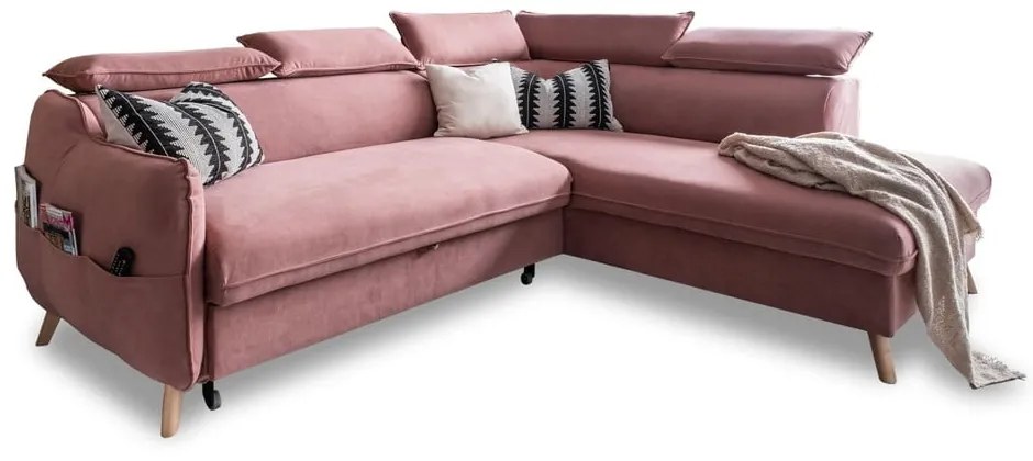 Divano letto angolare in velluto rosa chiaro (angolo destro) Sweet Harmony - Miuform