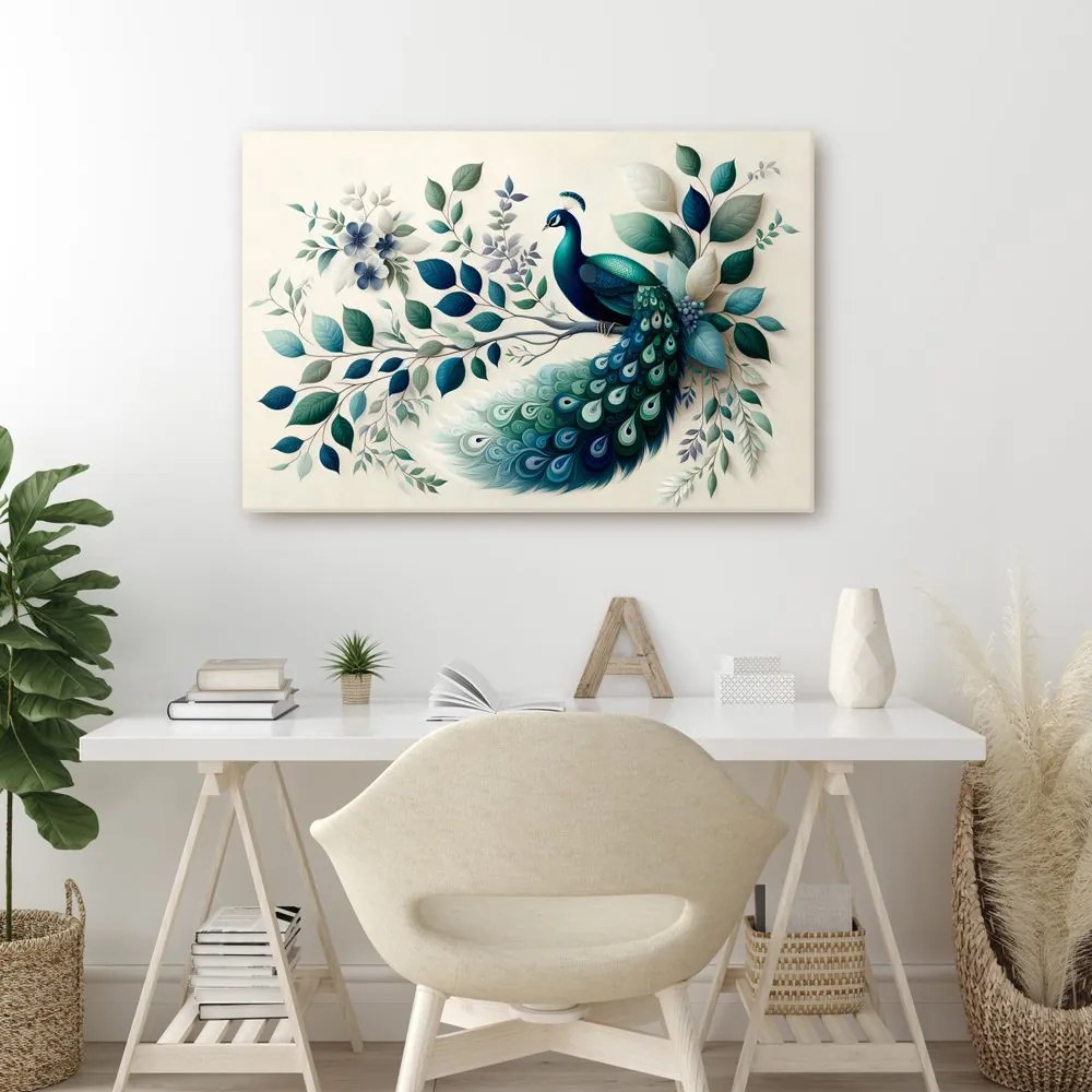 Quadro su tela – Pavone elegante tra le foglie