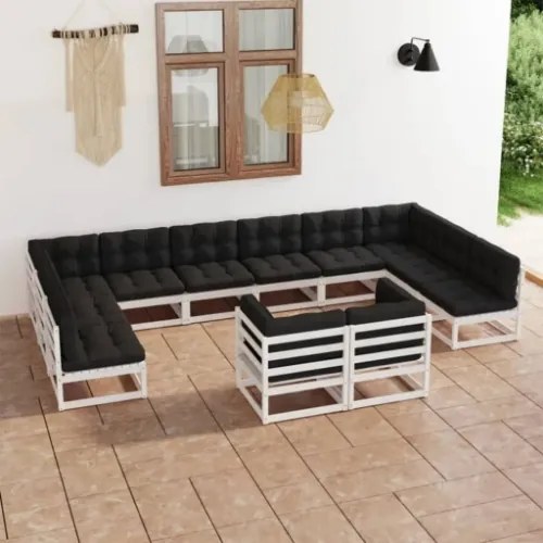 Set Divani da Giardino 12 pz Cuscini Bianchi Massello di Pino