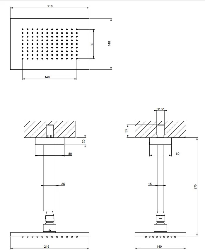 Soffione doccia rettangolare anticalcare a soffitto orientabile cromo rettangolare 20151 gessi