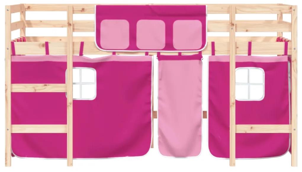 Letto a soppalco con tende bambini rosa 90x190 cm massello pino