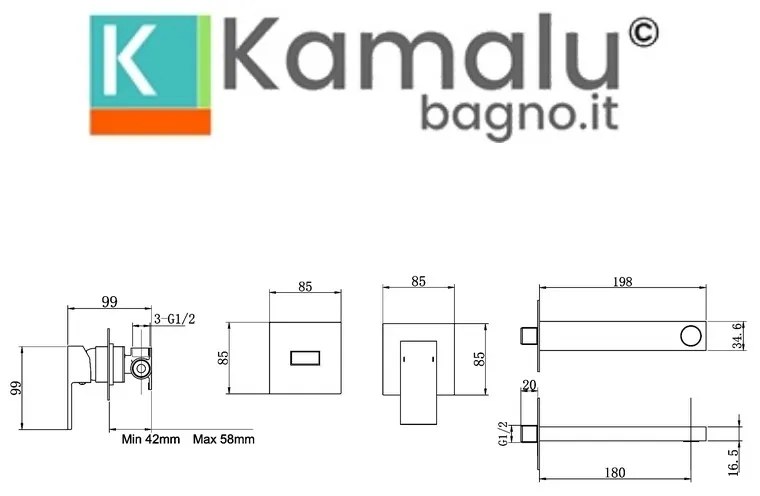 Kamalu - miscelatore lavabo da incasso nero opaco linea squadrata | kam-diana nero